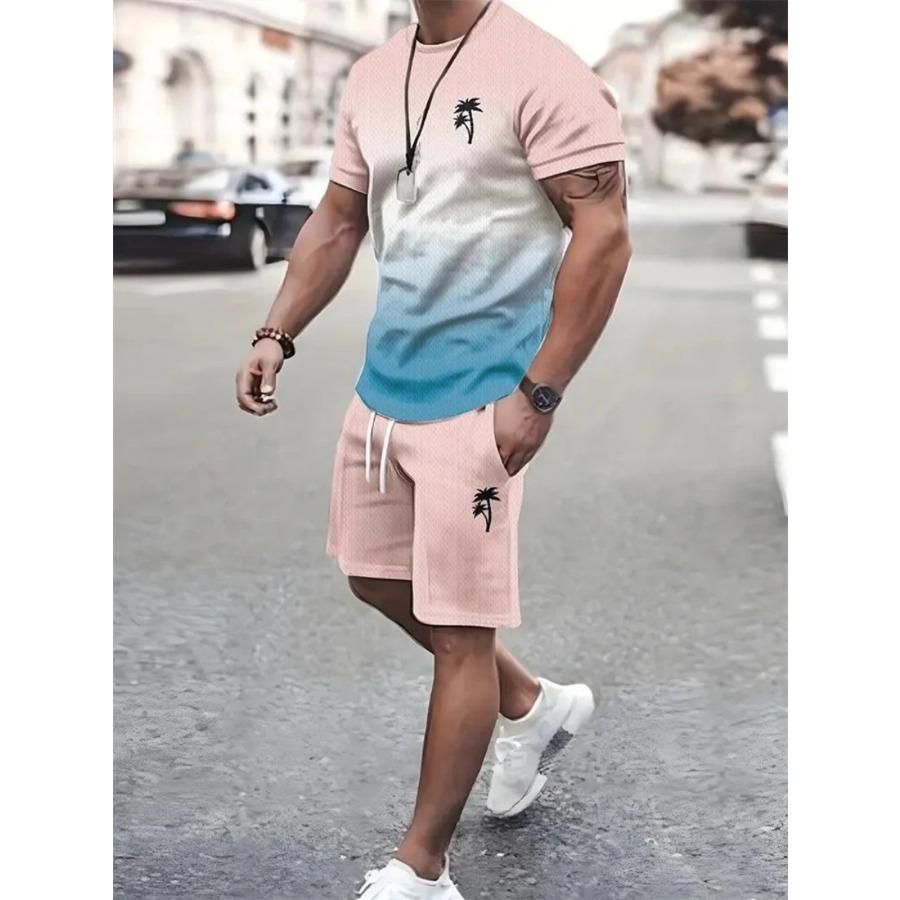 Summer Men's Sailor Short Sleeve Set Anchor Print Pattern Short Sleeve Shorts Set Men's Crew Neck T-Shirt and Drawstring Shorts