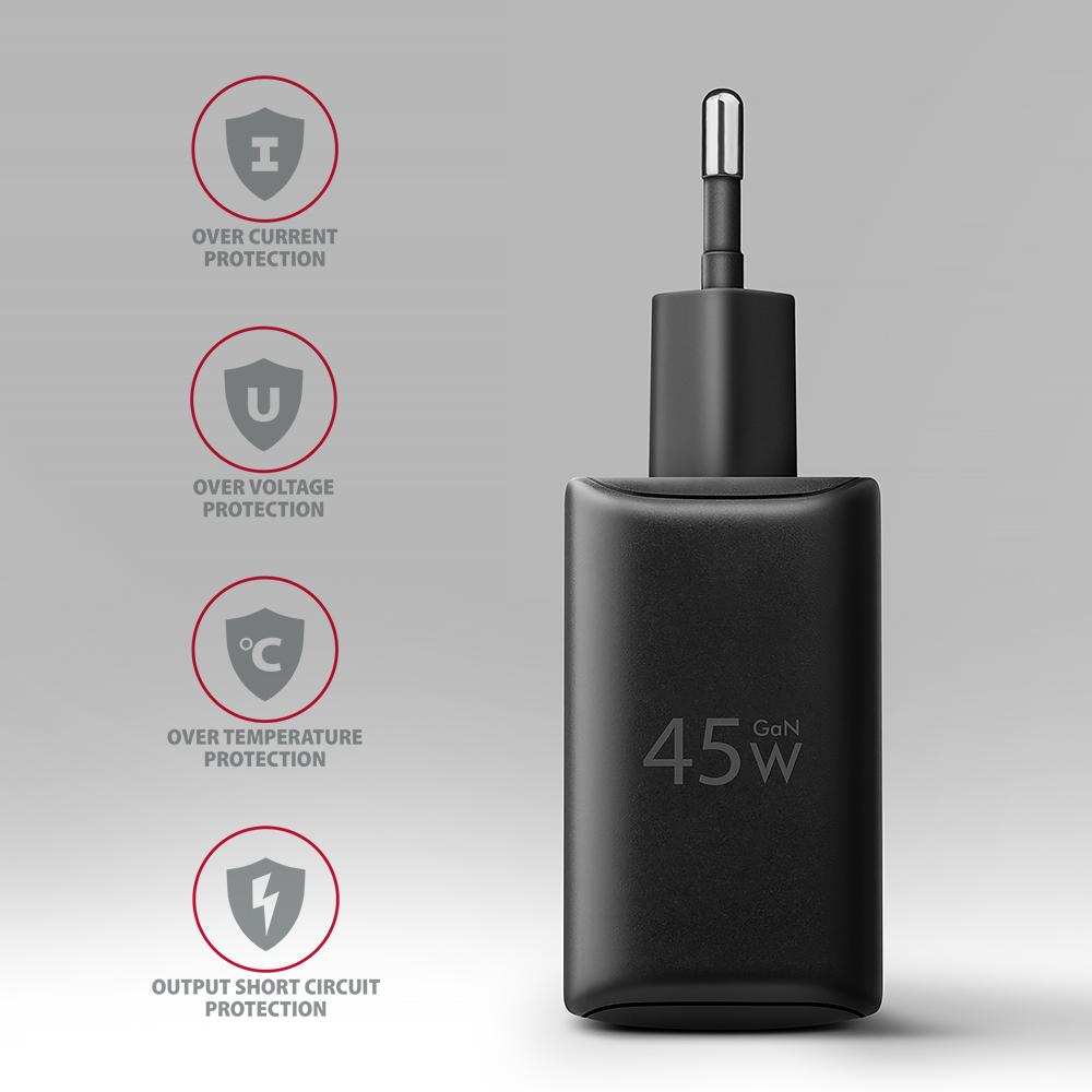 AXAGON GaN Wallcharger 2x Port (USB-A + USB-C), PD3.0/PPS/QC4+/SFC2.0/AFC/SCP/FCP/Apple, 45W | ACU-PQ45