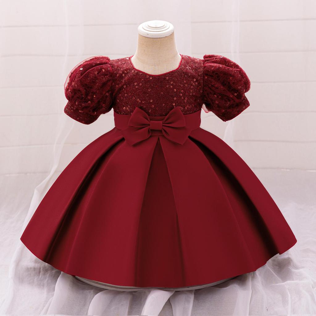 New European & American 1-Year-Old Girls' Bow Princess Dress with Puff Sleeves & Sequined Skirt