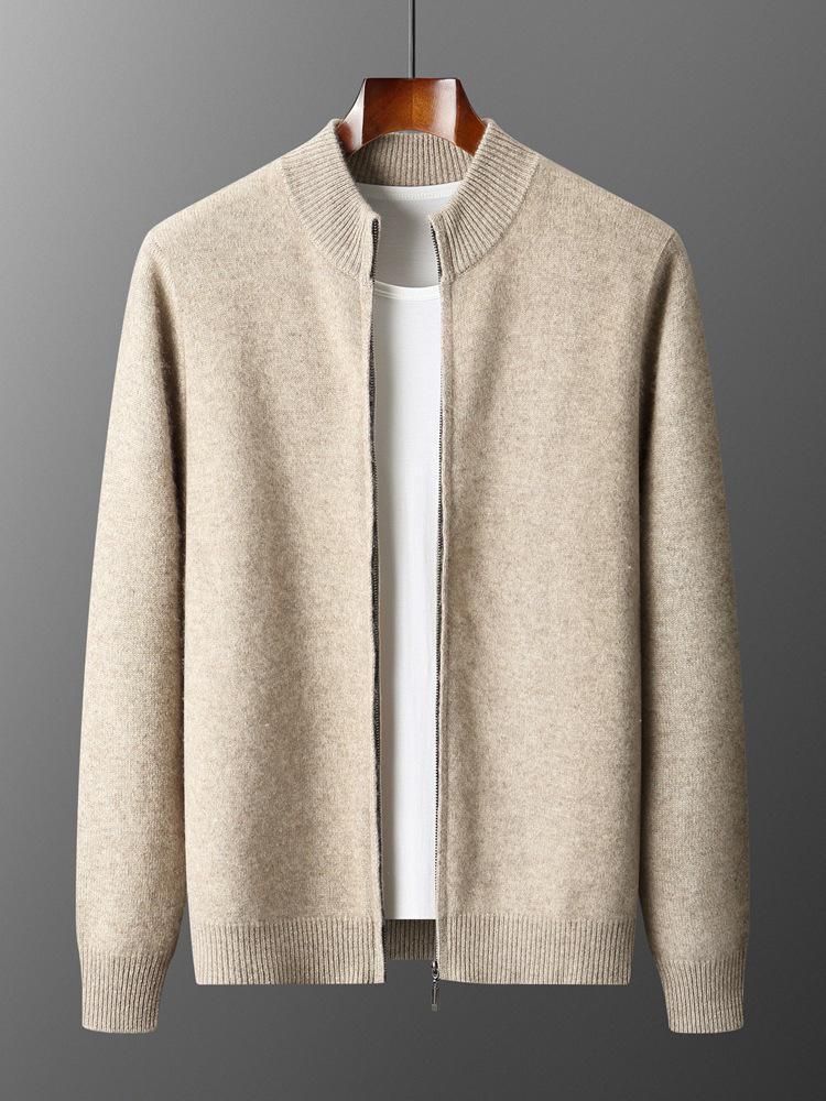 Men's Versatile Stand-Up Collar Cashmere Wool Cardigan - Long-Sleeve, Thickened Knitted Coat for Autumn and Winter