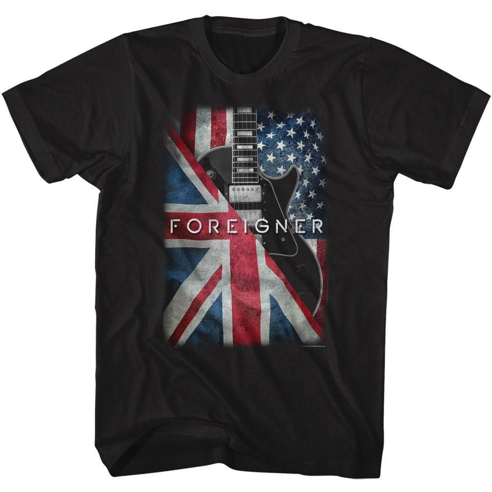 Men s Foreigner Foreigner Flags And Guitar T-shirt Large Black 4XL