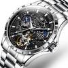 OLEVS Men's Automatic Mechanical Watch Starry Sky Dial Skeleton Design Leather Band Waterproof Blue
