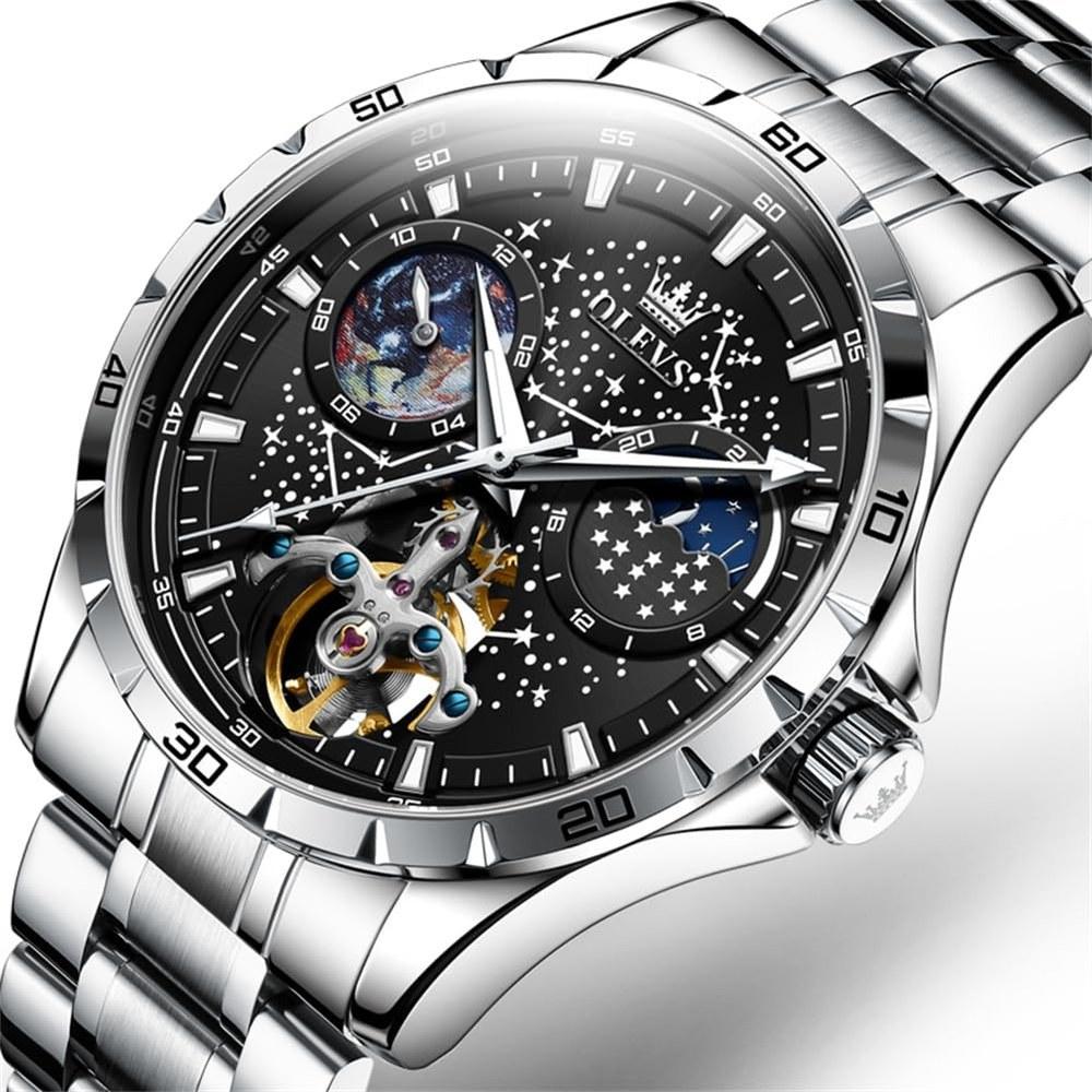 OLEVS Men's Automatic Mechanical Watch Starry Sky Dial Skeleton Design Leather Band Waterproof Blue