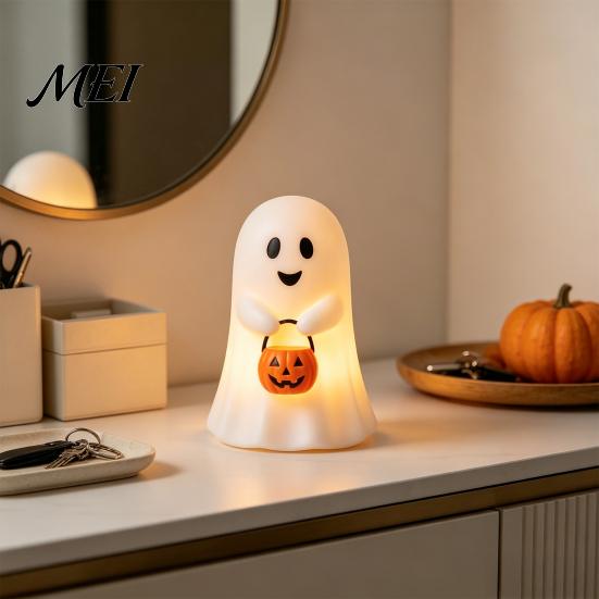 Christmas Eve Party Supplies Cute Ghost Holding Pumpkin Bucket Table Lamp, Halloween Spooky Bedside Synthetic Resin Ornaments Small LED Night