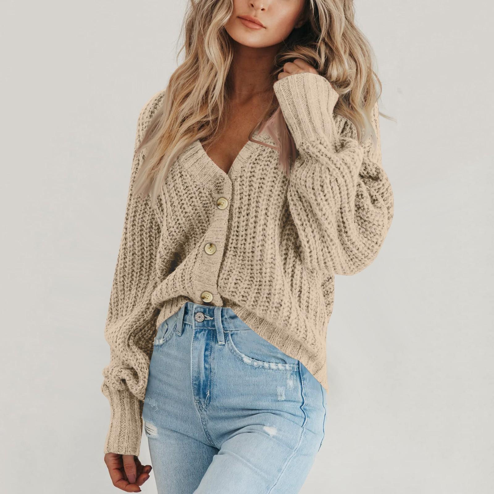 Женский однотонный трикотажный кардиган с длинным рукавом и V-образным вырезом — фото 6