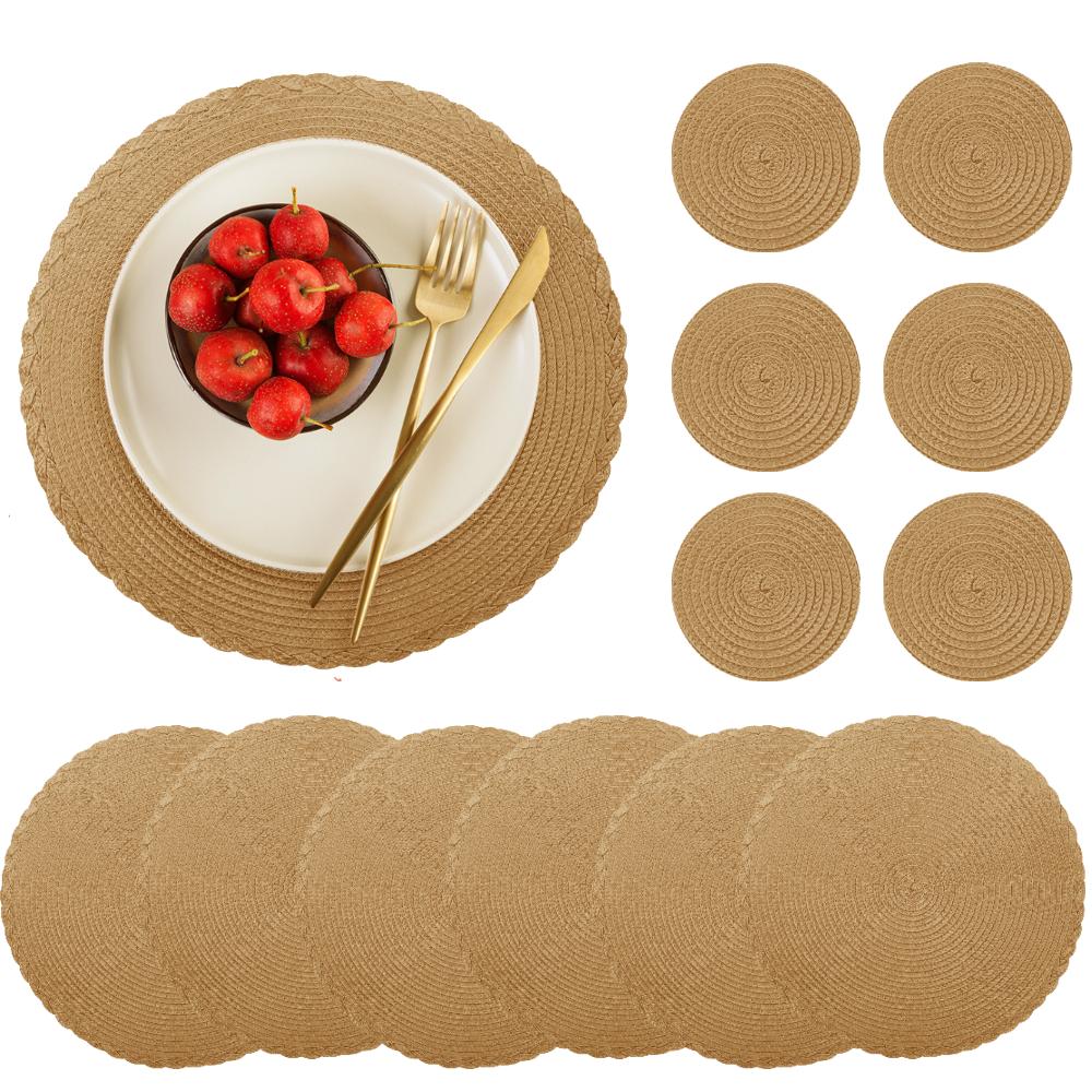 Sets 6 Woven Table Placemats and Coaster 34CM Round Cotton Dinner Table Mats Anti Slip Heat Resistant Easy Clean Place Mats
