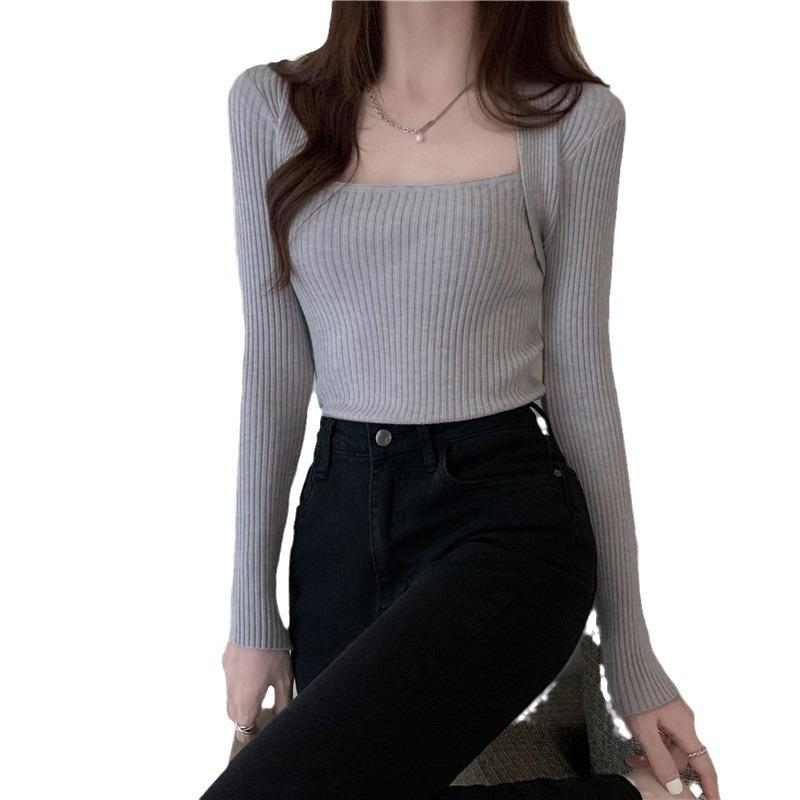 Square Collar Black Bottoming Shirt Women's Autumn Clothing New Inner Sweater Knitted Sweater Irregular Collar Slim Top Women