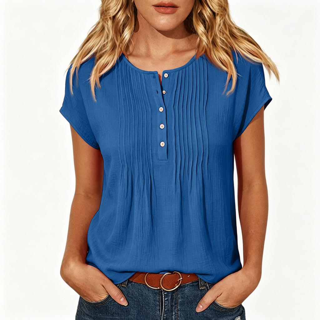Women's Casual Color Button Front Round Neck Short Sleeve Blouse for Everyday Wear