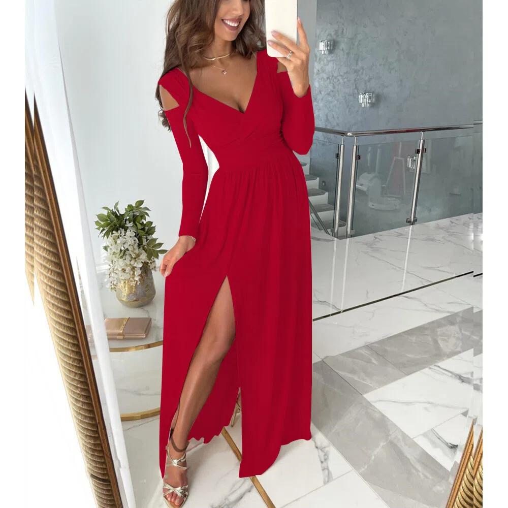 Vestito casual da festa multiuso con spacco lungo, a maniche lunghe, scollo a V, tinta unita, da donna