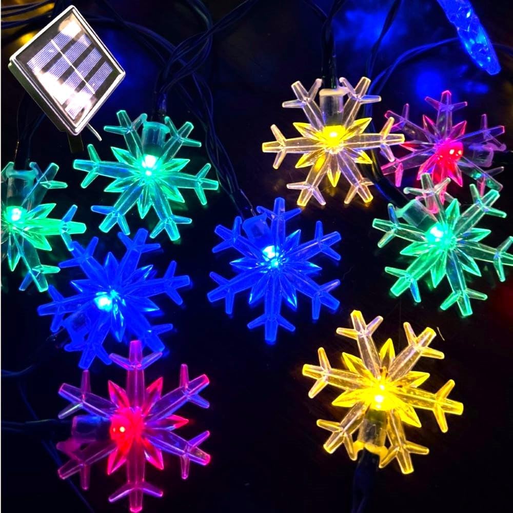 Solar Christmas Lights Outdoor Waterproof Decorations 20 Ft 30 LED Snowflake String Fairy Lights with 8 Lighting Modes for Wedding, Party, Tree,