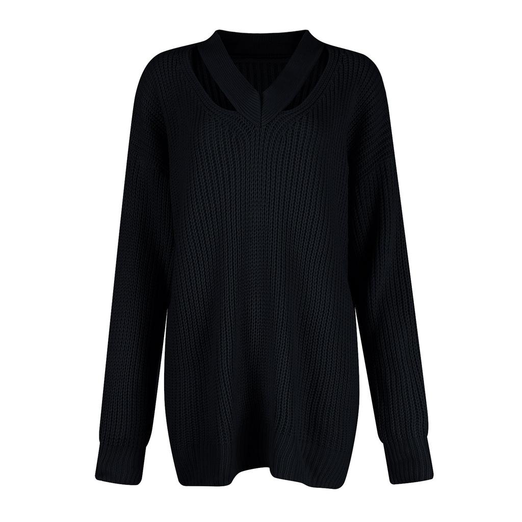 Women's Fashion Loose V-neck Long Sleeve Knit Personality Solid Color Casual Sweater