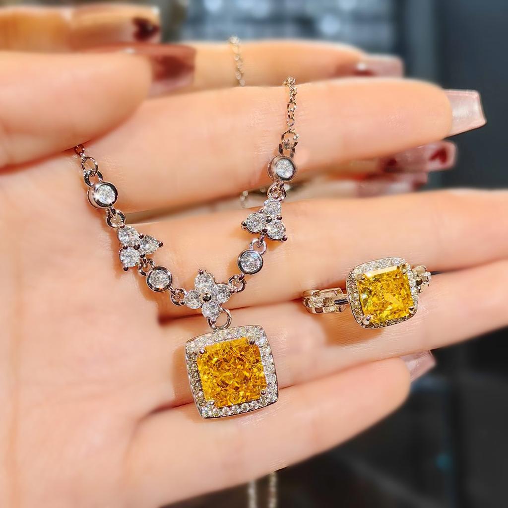 Square High Carbon Diamond Necklace Ring Women'S Ice Flower Cut Yellow Diamond Red Stone Square Bag Colorful Treasure Set
