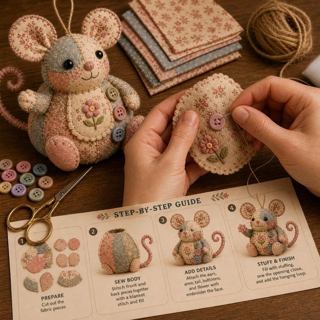 Patchwork Mouse DIY Handmade Ornament Kit Fabric Sewing Craft Set with Embroidery Details for Home Decoration Hanging Gift
