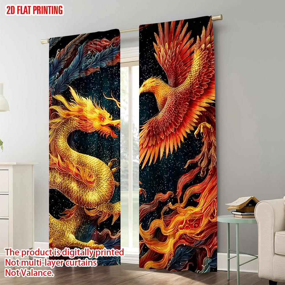 2pcs   plane printing Print Curtains dragon and phoenix Versatile 100% Polyester (without rod) Art Deco Festive Perfect for