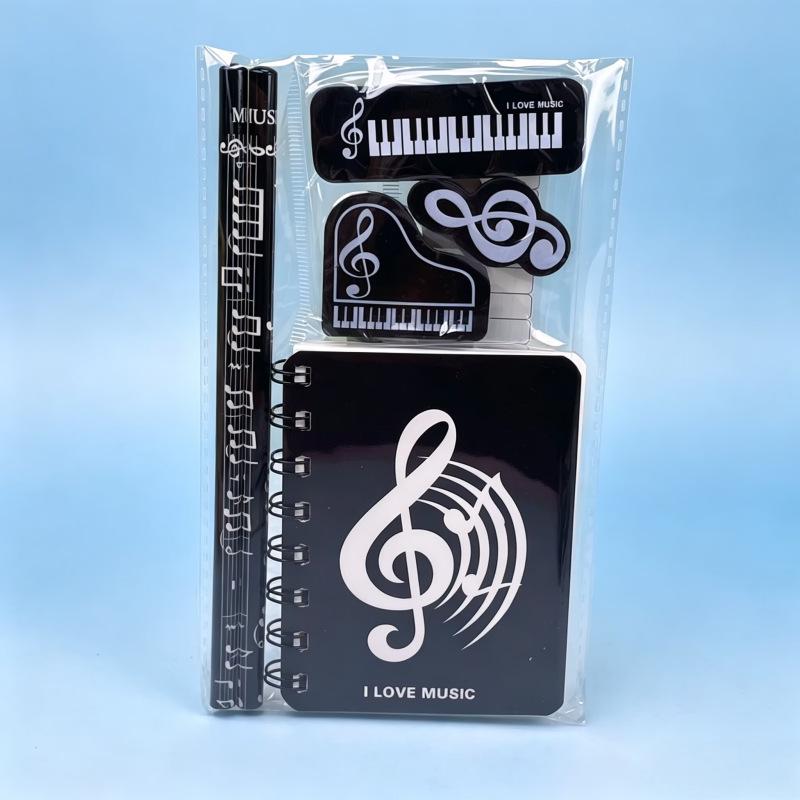 Music Note Pattern Student Stationery: Wooden Pencil and Eraser Set for Children