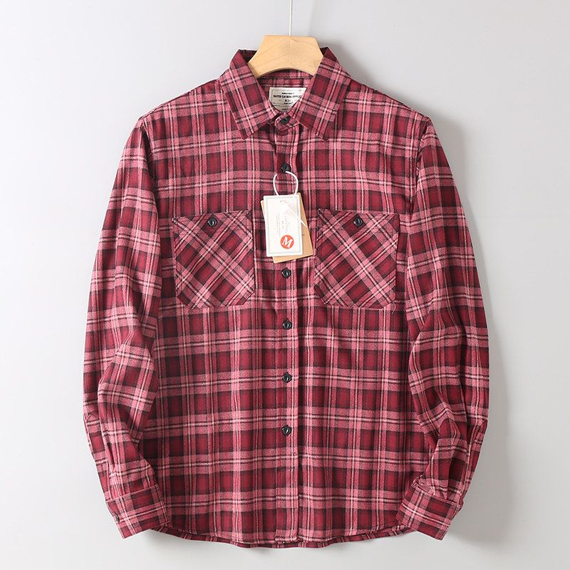 Export Tail Sheet Cutting Label Spring & Fall Heavy Weight Brushed Plaid Shirt Men Amekaji Casual Long Sleeve Shirt Coat Red grid XL