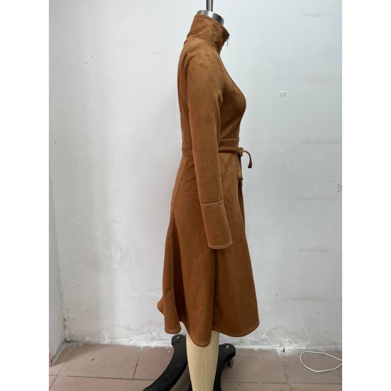 Elegante Vintage Suède Stof Lange Mouwen A-lijn Jurk Met Rits En Riem