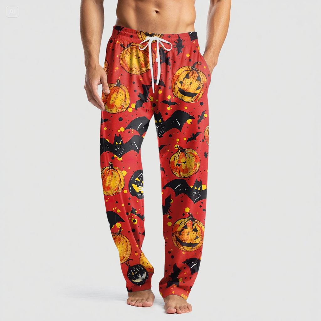 Men's Knitted Halloween Print Pocket Casual Pants Pajama Pants