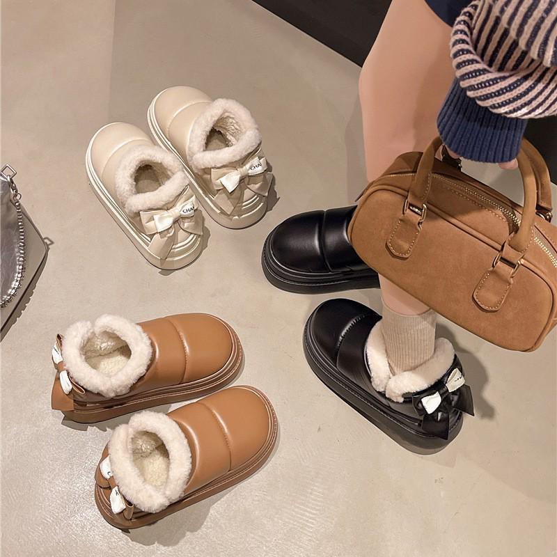 Women's Waterproof PU Leather Slippers: Thick Sole, Warm Velvet, Non-slip Bow Design for Outdoor Use