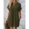 IHUASU Spring Summer Solid Color Round Neck Loose Short Sleeve Pocket Dress