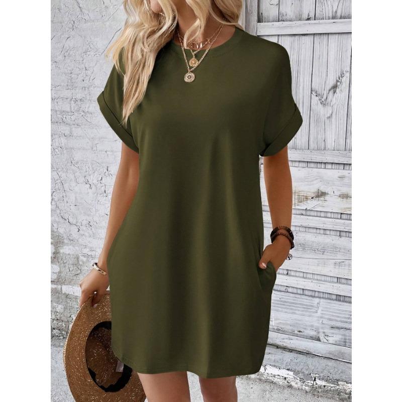 IHUASU Spring Summer Solid Color Round Neck Loose Short Sleeve Pocket Dress