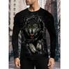 Spring and Autumn Round Neck 3D Animal Wolf Lion Pattern Printed Top Fashionable Casual Long Sleeved Men's T-shirts