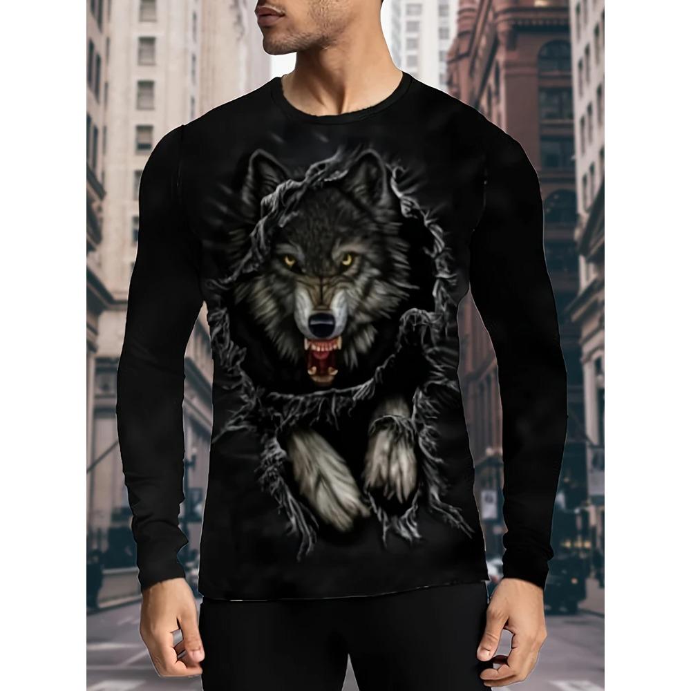 Spring and Autumn Round Neck 3D Animal Wolf Lion Pattern Printed Top Fashionable Casual Long Sleeved Men's T-shirts