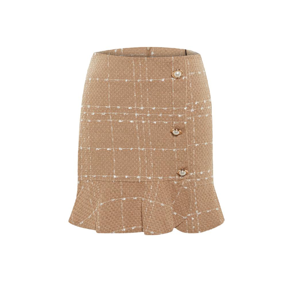 Burgundy Buttoned Tweed Fabric Mini Woven Skirt With Flounce Hem Twoaw22et0155