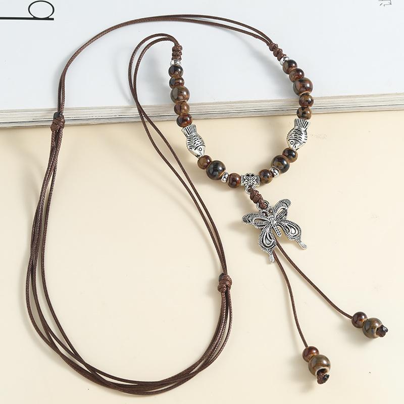 Chinese style long length sweater style accessory  butterfly necklace  ceramic  hanger cord
