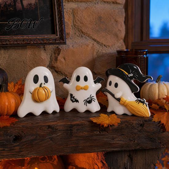 Desktop Halloween Ornament 3Pcs Decoration, Resin Micro Landscape Miniature Figurines, Cute Ghost Store Holiday Display Decor Pumpkin Fairy Garden for