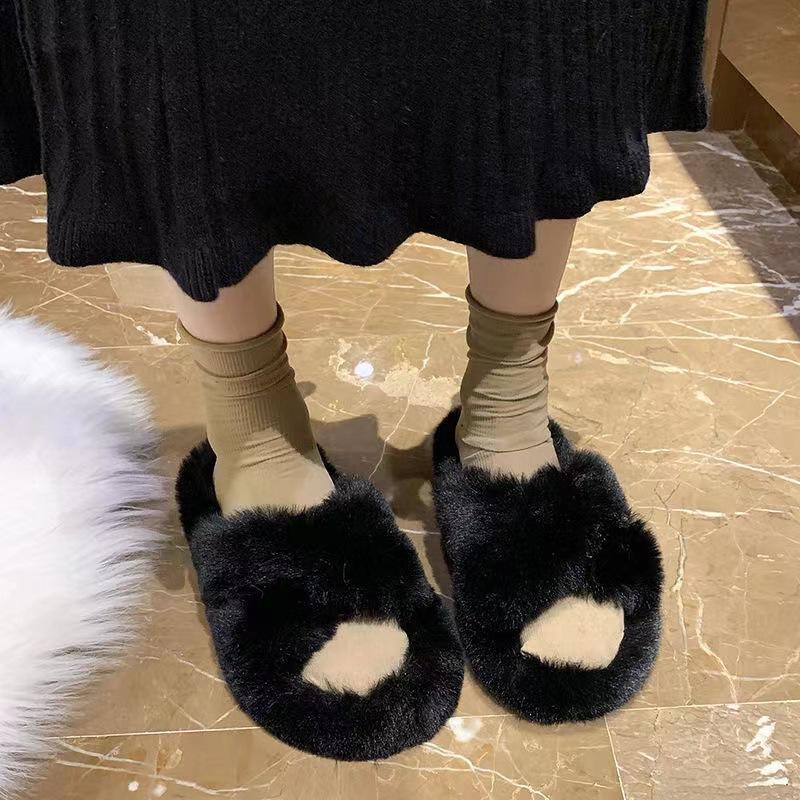 Cotton slippers autumn and winter women's fashion versatile velvet home indoor warm couple fluffy cross with cool slippers outside
