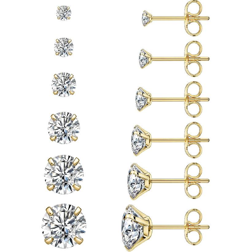6 Pairs Stud Earrings Set, Hypoallergenic Cubic Zirconia 316L Earrings Stainless Steel CZ Earrings 3-8mm