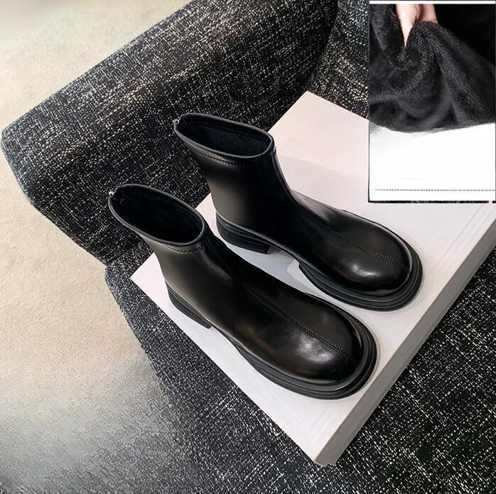 Foreign Skinny Boots Women's Short Boots Black Autumn and Winter Round Head Boots Thick-soled Martin Boots Thick Heel Elastic Single Boots