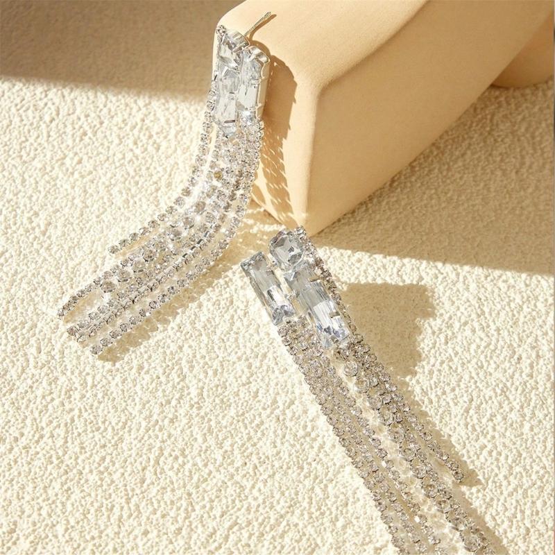 Long Crystal Fringe Earrings Slimming Design for Round Faces Sparkling Crystals for Parties Daily Wear Comfortable