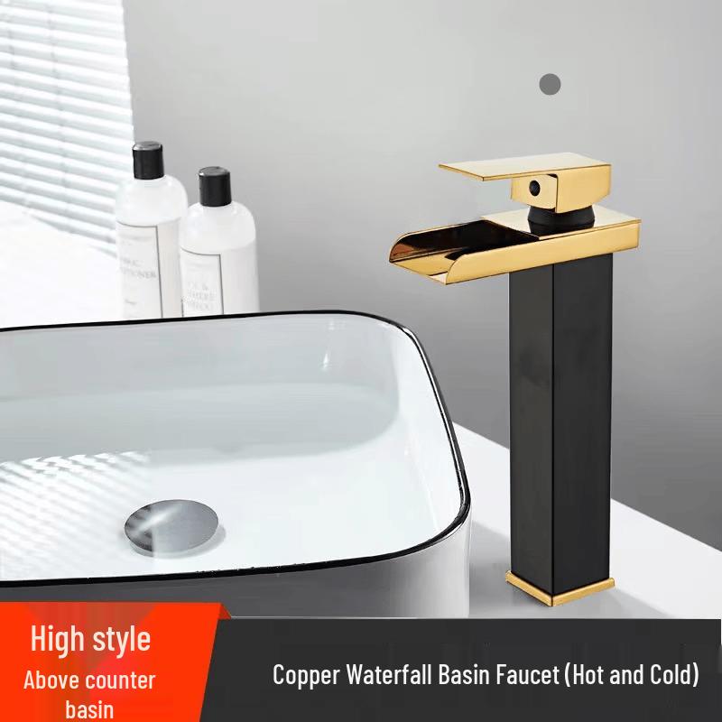 TLXT Black and Gold Tall Waterfall Basin Faucet