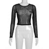 European and American Women's Chest Letter Rhinestone Round Neck Mesh Long Sleeved T-shirt Top