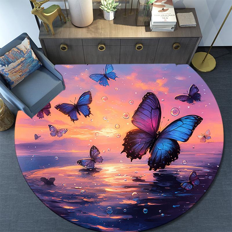 Butterflies Sunset Round Area Rug,Carpet Rug for Living Room Bedroom Sofa Playroom Decor,Non-slip Floor Mat