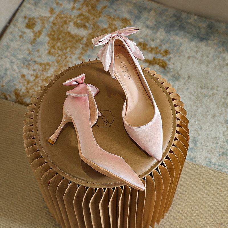 Fashion White Pointed-Toe Bow Stiletto High Heels, Women'S Side-Open Sandals, Satin Shallow Toe Single Shoes