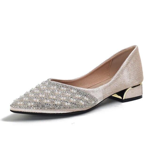 

Новые весенние женские туфли-лодочки, новые кожаные повседневные модельные туфли на высоком каблуке с мерцающими кристаллами и жемчугом, кожаные туфли на маленьком каблуке с острым носком 41 хаки