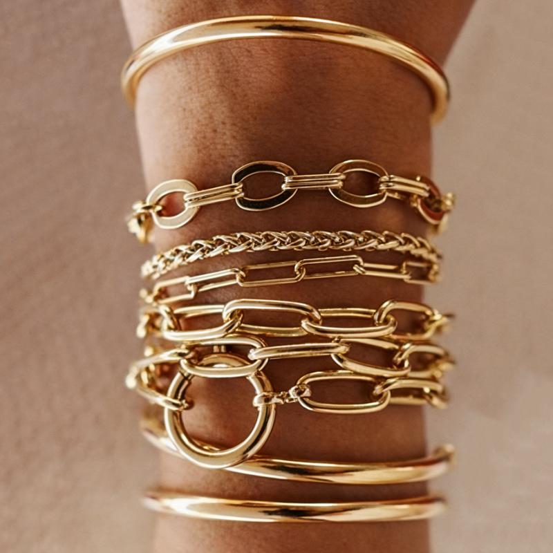

9 Pcs Gold Color Bangle Bracelet Set For Women Chunky Minimalist Paperclip Oval Link Stackable Open Bracelet Trendy Jewelry Gift
