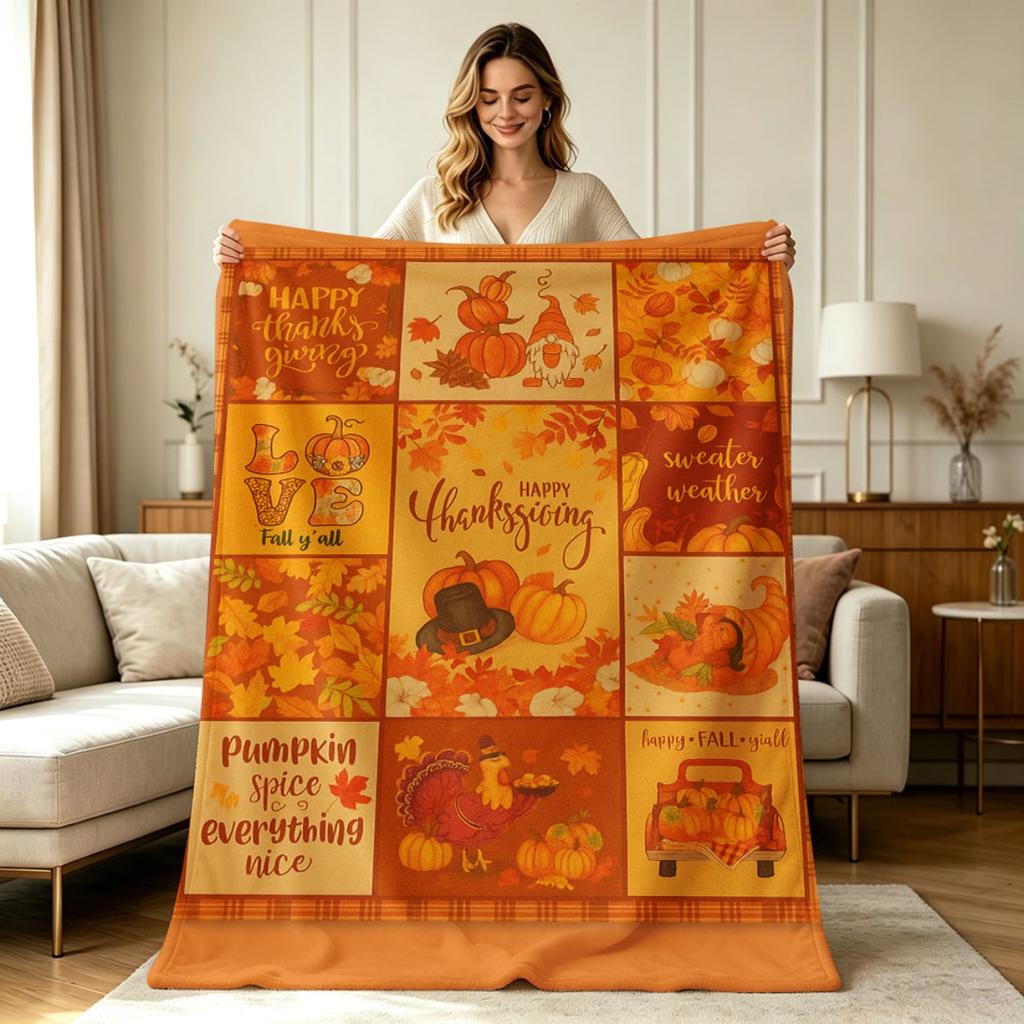 Soft Warm Flannel Thanksgiving Fall Pattern Blanket for Sofa Couch Bed Office Living Room All Season Cozy Throw Blanket