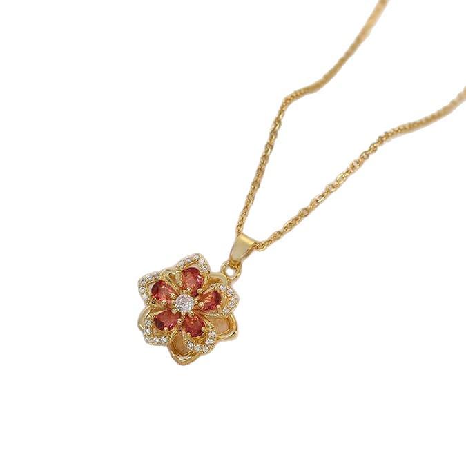 Elegant Zircon-Studded Rotatable Flower Pendant Necklace with Copper Inlay