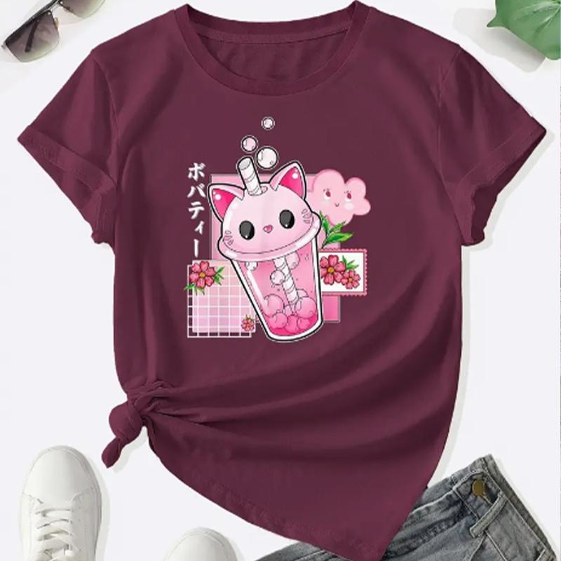 Fashion Women Milk Tea Cat Head Print T Shirt Funny Casual O-neck Short Sleeves T-shirt Summer Female Tee Shirt