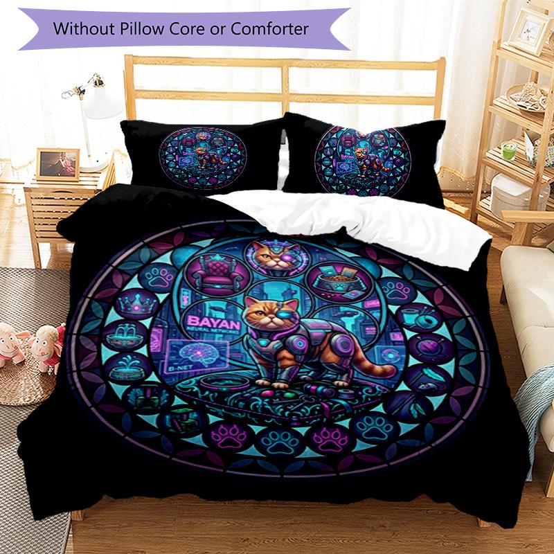 Cybernetic Cat Kingdom Pattern Bedding,Quilt Set Quilt Cover Pillowcase Home Birthday Gift (1 * Duvet Cover + 2 * Pillowcase, Without Core)