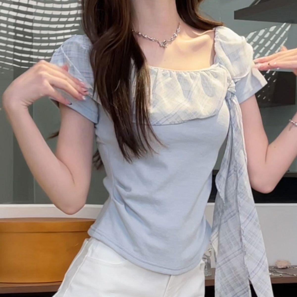 Irregular pure temperament waist and thin ruffle edge strap summer off-the-shoulder plaid sweet short-sleeved splicing top XS синий