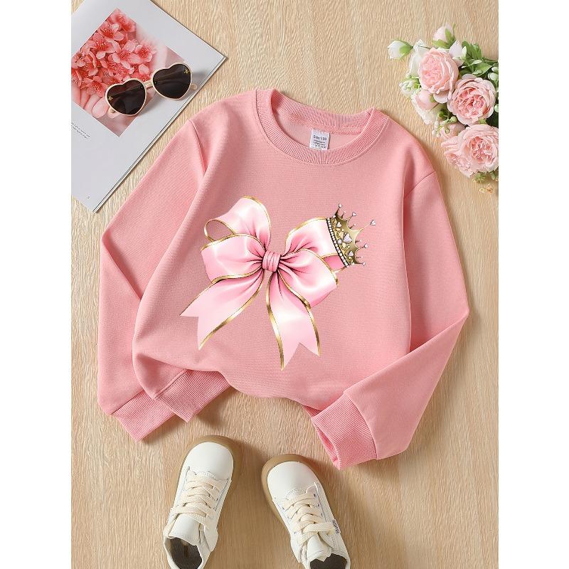 European sizes Girls' Soft Crewneck Sweatshirt, Pink Bow with Golden Crown & Cute Print, Casual All-Match, Ideal Holiday Present