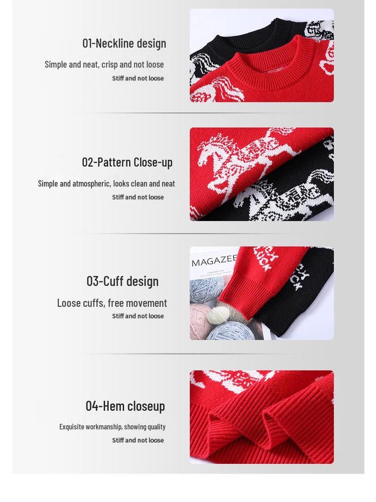 Unisex Festive Red Year of the Horse Round Neck Sweater - Chinese Zodiac Base Layer Knitwear