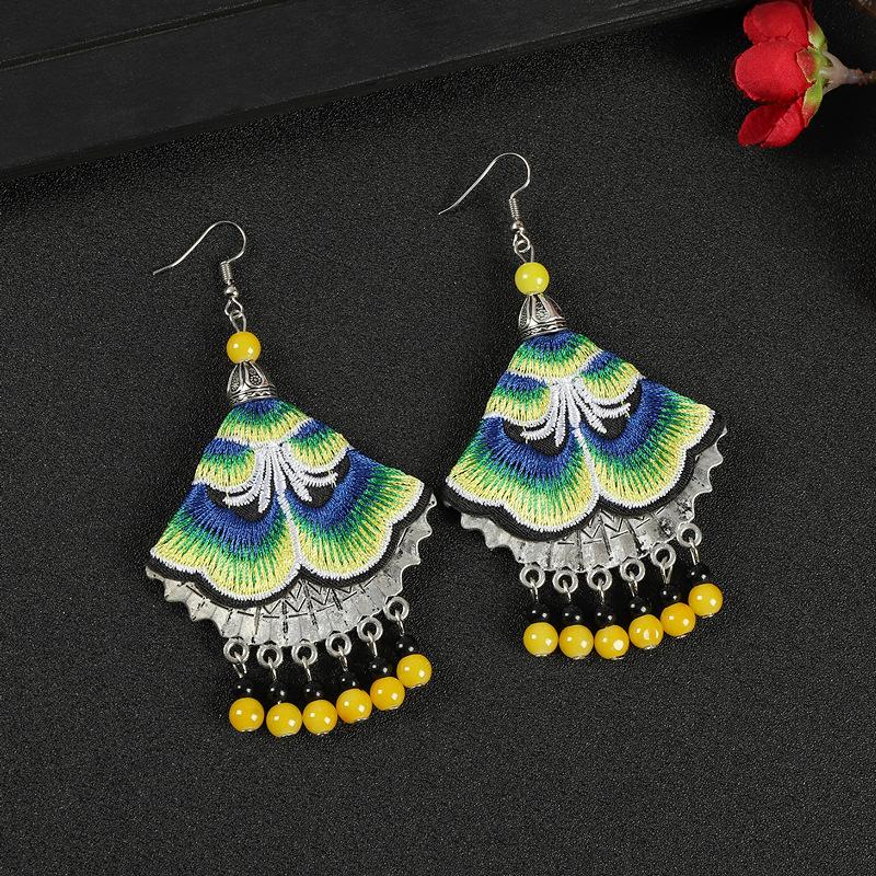 A few embroidered fabric earrings, long tassel personalized fan earrings, women's retro Miao flower earrings