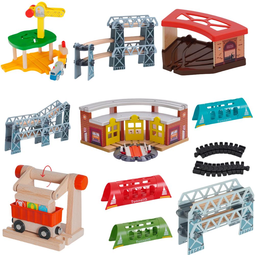 New Wooden Track Railway Accessories Bridge Train Station Tunnel Roadblock Parking Garage Educational Toys for Kids
