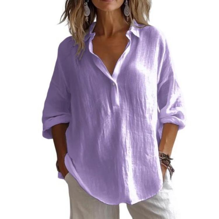 Lightweight Breathable Casual Blouse Loose Fit Women Shirt Lapel V Neck 3 4 Sleeve Pullover Tops Solid Color Daily Wear